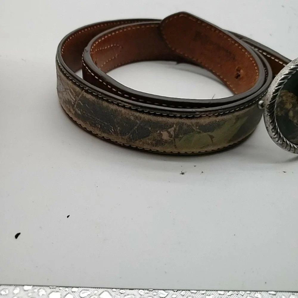 Nocona Belt Mens 29 Brown Camo Leather Deer Head Oval Buckle Western Hunting